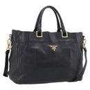 PRADA Hand Bag Vittero Dino Leather 2way Black Gold Auth 210036A-1