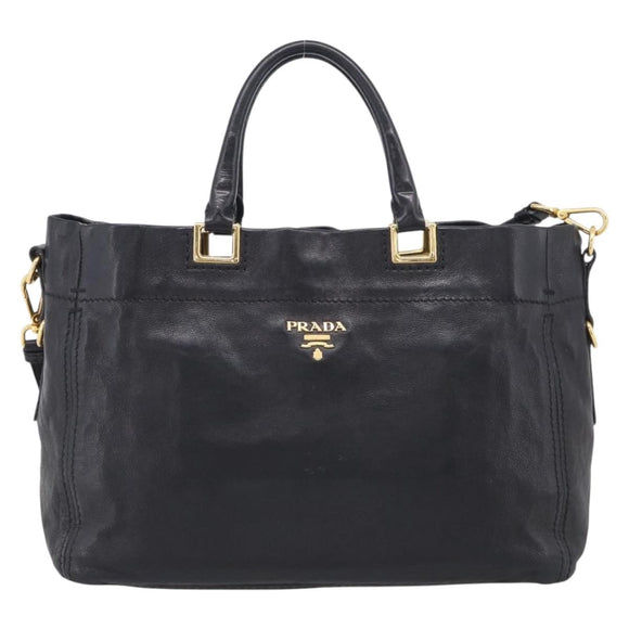 PRADA Hand Bag Vittero Dino Leather 2way Black Gold Auth 210036A