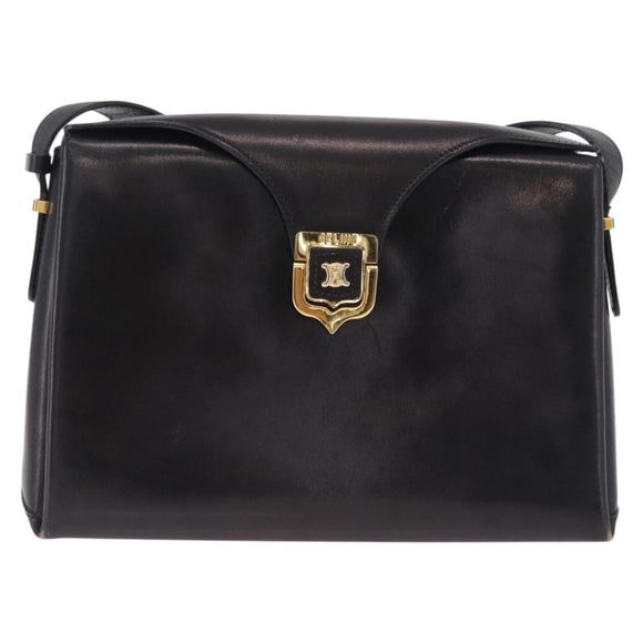 CELINE Shoulder Bag Leather Black Gold Auth 210039