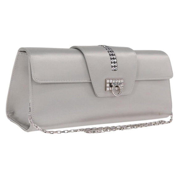 Salvatore Ferragamo Gancini Chain Shoulder Bag Satin Gray Silver Auth 210053A