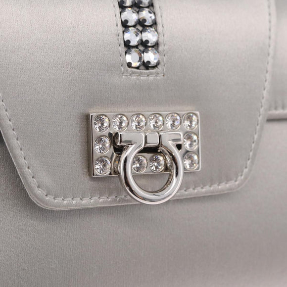 Salvatore Ferragamo Gancini Chain Shoulder Bag Satin Gray Silver Auth 210053A