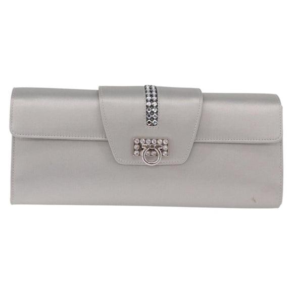 Salvatore Ferragamo Gancini Chain Shoulder Bag Satin Gray Silver Auth 210053A