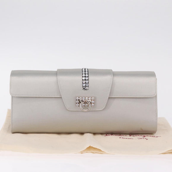 Salvatore Ferragamo Gancini Chain Shoulder Bag Satin Gray Silver Auth 210053A