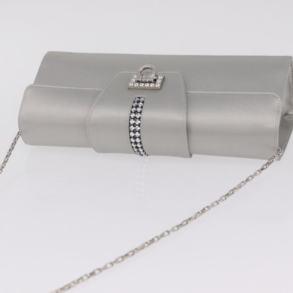 Salvatore Ferragamo Gancini Chain Shoulder Bag Satin Gray Silver Auth 210053A