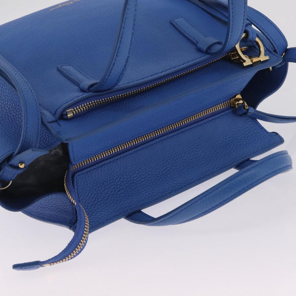 Salvatore Ferragamo Gancini Amy Hand Bag Leather 2way Blue Gold Auth 210060V