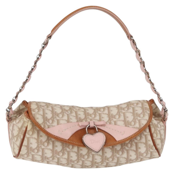 Christian Dior Trotter Canvas Romantic Chain Bag PVC Beige Silver Auth 210075A