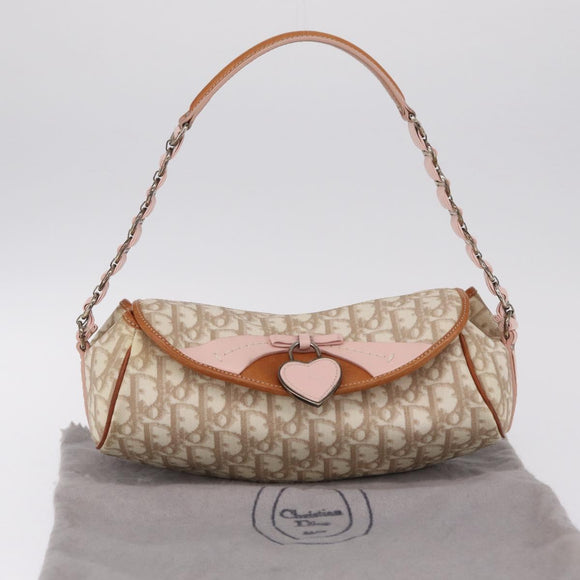 Christian Dior Trotter Canvas Romantic Chain Bag PVC Beige Silver Auth 210075A