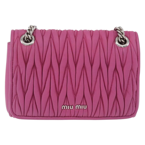 Miu Miu Matelasse Chain Shoulder Bag Leather Pink Silver Auth 210077V