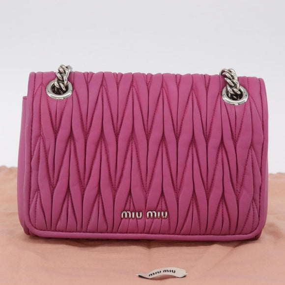 Miu Miu Matelasse Chain Shoulder Bag Leather Pink Silver Auth 210077V