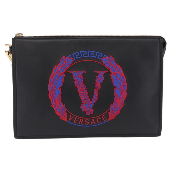 VERSACE Clutch Bag Leather Black Gold Auth 210078A