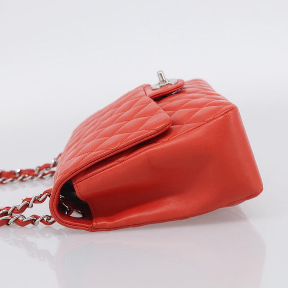 CHANEL Matelasse 25 Chain Shoulder Bag Lamb Skin Red Silver CC Auth 210079SM