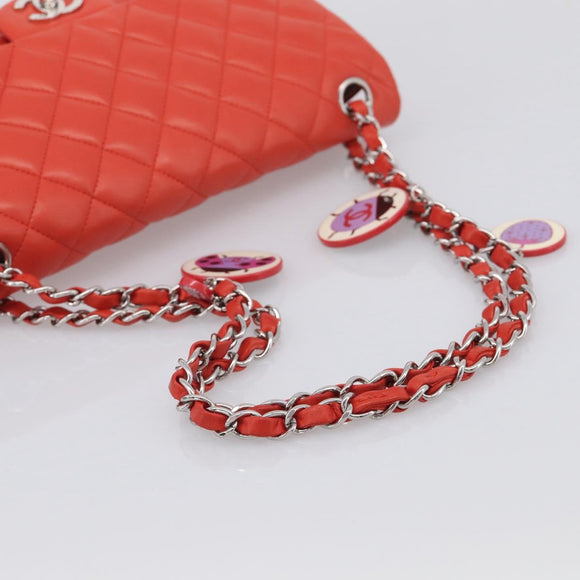 CHANEL Matelasse 25 Chain Shoulder Bag Lamb Skin Red Silver CC Auth 210079SM