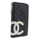 CHANEL Cambon Line Matelasse Long Wallet Leather Black Silver CC Auth 210097-1