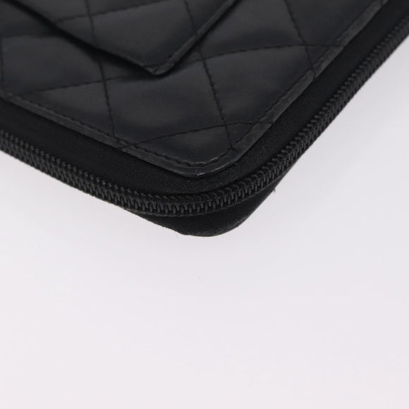 CHANEL Cambon Line Matelasse Long Wallet Leather Black Silver CC Auth 210097