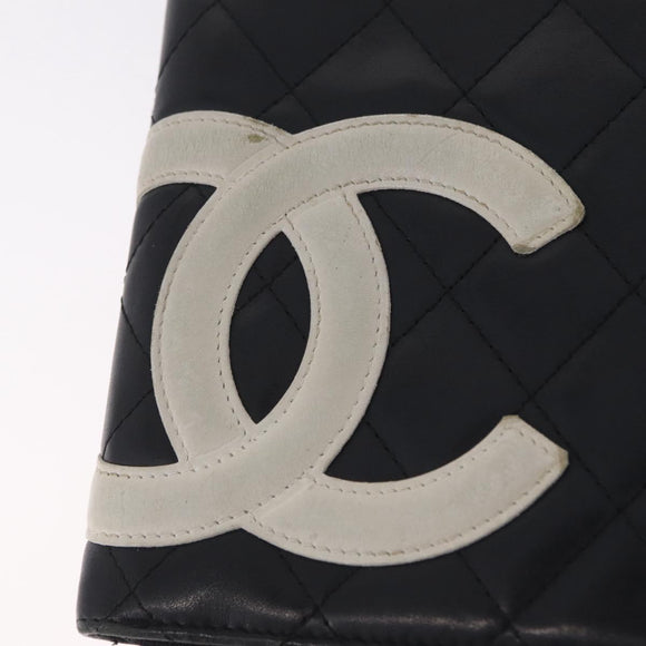 CHANEL Cambon Line Matelasse Long Wallet Leather Black Silver CC Auth 210097