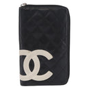 CHANEL Cambon Line Matelasse Long Wallet Leather Black Silver CC Auth 210097-2