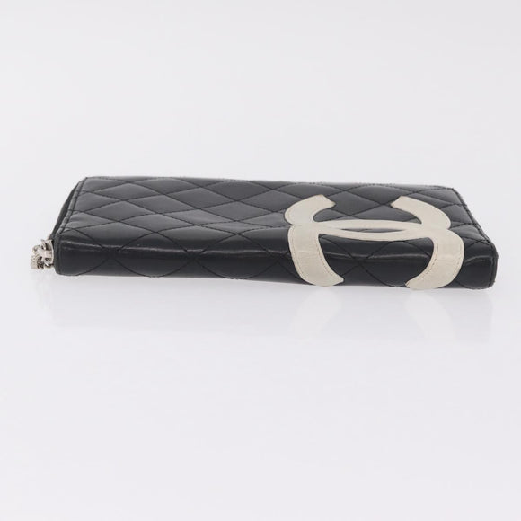 CHANEL Cambon Line Matelasse Long Wallet Leather Black Silver CC Auth 210097