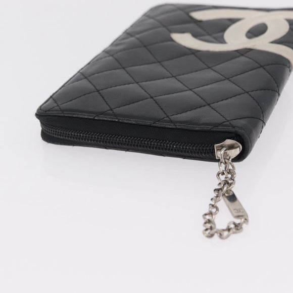 CHANEL Cambon Line Matelasse Long Wallet Leather Black Silver CC Auth 210097