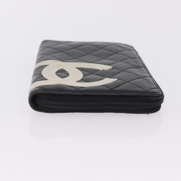 CHANEL Cambon Line Matelasse Long Wallet Leather Black Silver CC Auth 210097