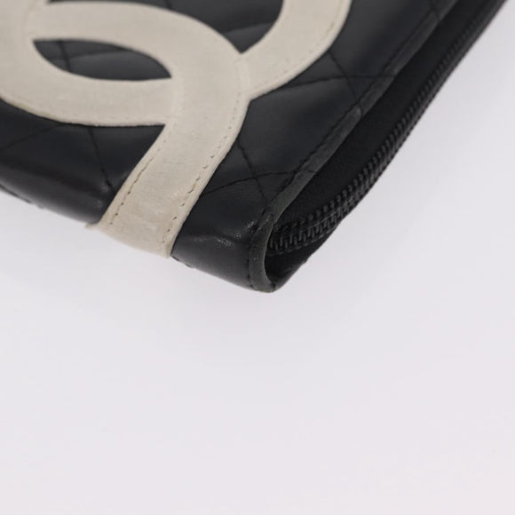 CHANEL Cambon Line Matelasse Long Wallet Leather Black Silver CC Auth 210097