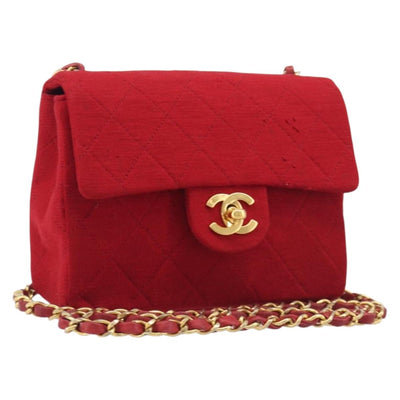 CHANEL Matelasse Chain Shoulder Bag Cotton Red Gold CC Auth 210108