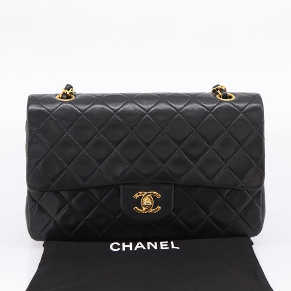 CHANEL Matelasse 25 Chain Shoulder Bag Lamb Skin Black Gold CC Auth 210136SAM