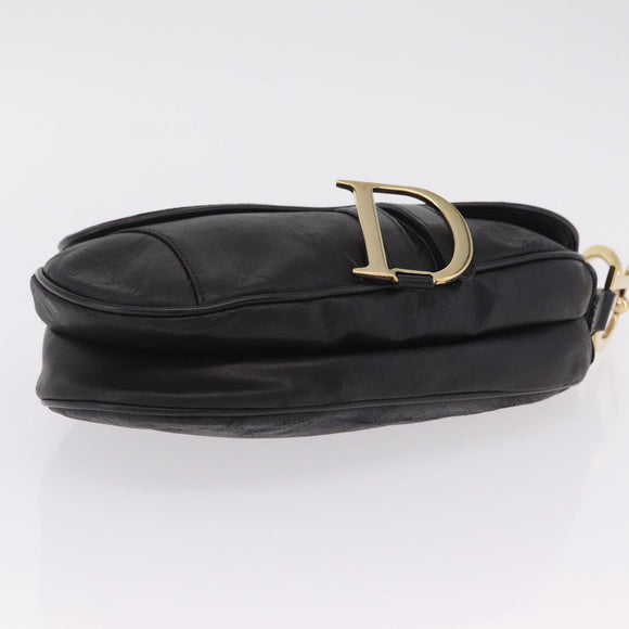 Christian Dior Saddle Shoulder Bag Leather Black Gold Auth 210137M