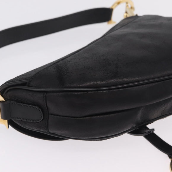 Christian Dior Saddle Shoulder Bag Leather Black Gold Auth 210137M