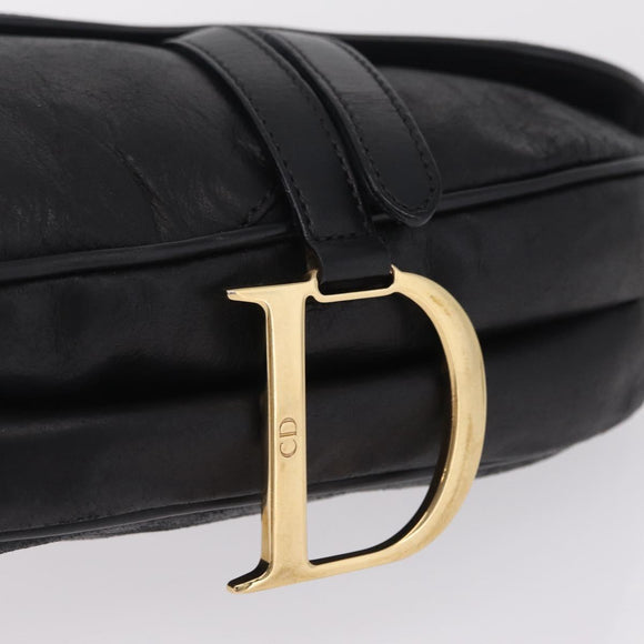 Christian Dior Saddle Shoulder Bag Leather Black Gold Auth 210137M