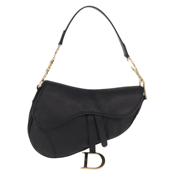 Christian Dior Saddle Shoulder Bag Leather Black Gold Auth 210137M