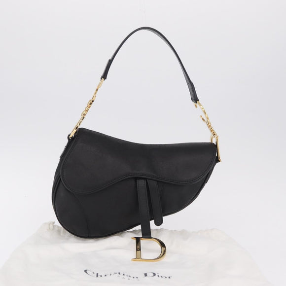 Christian Dior Saddle Shoulder Bag Leather Black Gold Auth 210137M