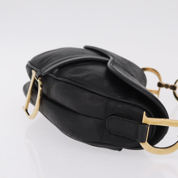 Christian Dior Saddle Shoulder Bag Leather Black Gold Auth 210137M