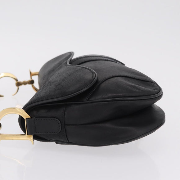Christian Dior Saddle Shoulder Bag Leather Black Gold Auth 210137M