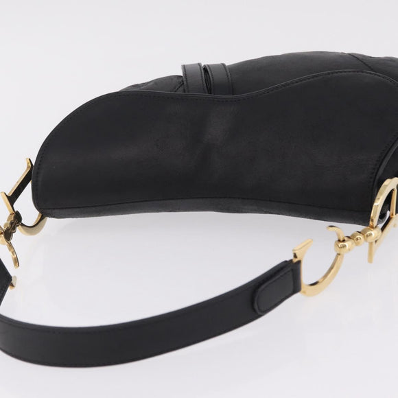 Christian Dior Saddle Shoulder Bag Leather Black Gold Auth 210137M