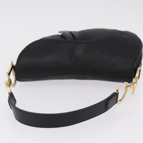 Christian Dior Saddle Shoulder Bag Leather Black Gold Auth 210137M