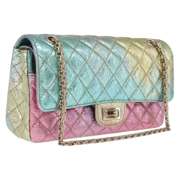CHANEL 2.55 Matelasse Chain Bag Leather Multicolor Gold CC Auth 210143SM