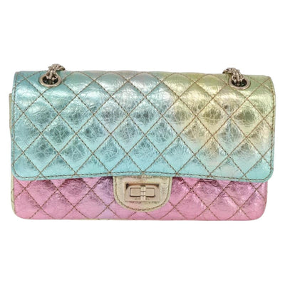CHANEL 2.55 Matelasse Chain Bag Leather Multicolor Gold CC Auth 210143SM - 0