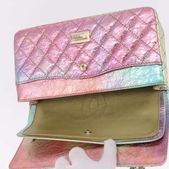 CHANEL 2.55 Matelasse Chain Bag Leather Multicolor Gold CC Auth 210143SM