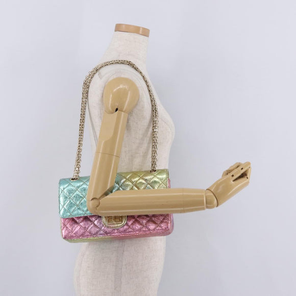 CHANEL 2.55 Matelasse Chain Bag Leather Multicolor Gold CC Auth 210143SM