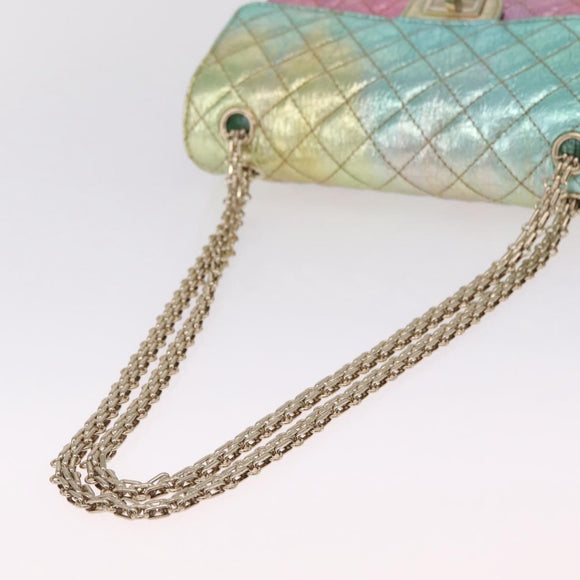 CHANEL 2.55 Matelasse Chain Bag Leather Multicolor Gold CC Auth 210143SM