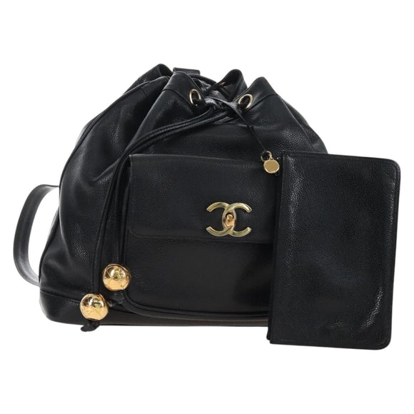 CHANEL Backpack Caviar Skin Black Gold CC Auth 210144M