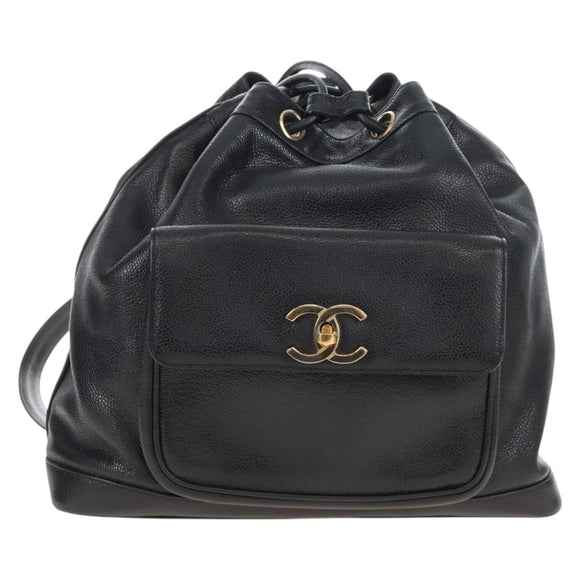 CHANEL Backpack Caviar Skin Black Gold CC Auth 210144M
