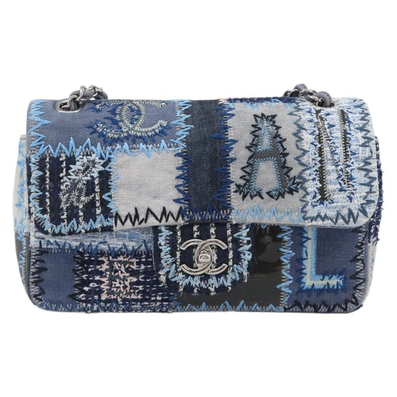 CHANEL Chain Patchwork Shoulder Bag Denim Blue Silver CC Auth 210149SM