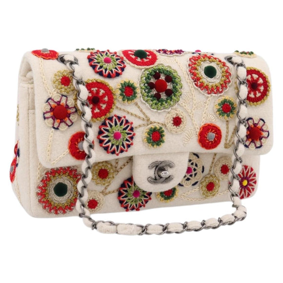 CHANEL Chain Shoulder Bag Canvas White Silver CC Auth 210168SM