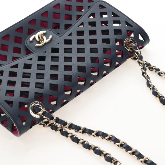 CHANEL Chain Matelasse25 Shoulder Bag Leather Navy Gold CC Auth 210170SM