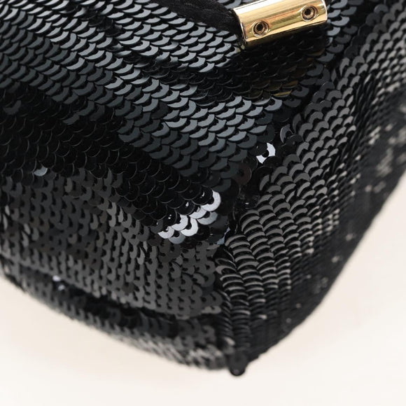PRADA Chain Shoulder Pouch Sequin Black Gold Auth 210171M
