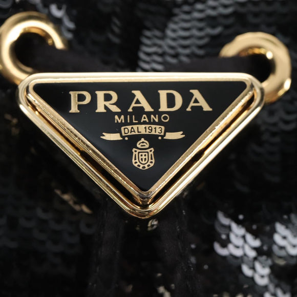 PRADA Chain Shoulder Pouch Sequin Black Gold Auth 210171M
