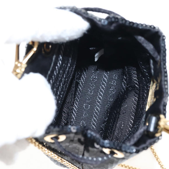 PRADA Chain Shoulder Pouch Sequin Black Gold Auth 210171M