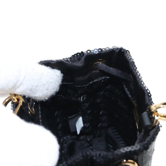 PRADA Chain Shoulder Pouch Sequin Black Gold Auth 210171M