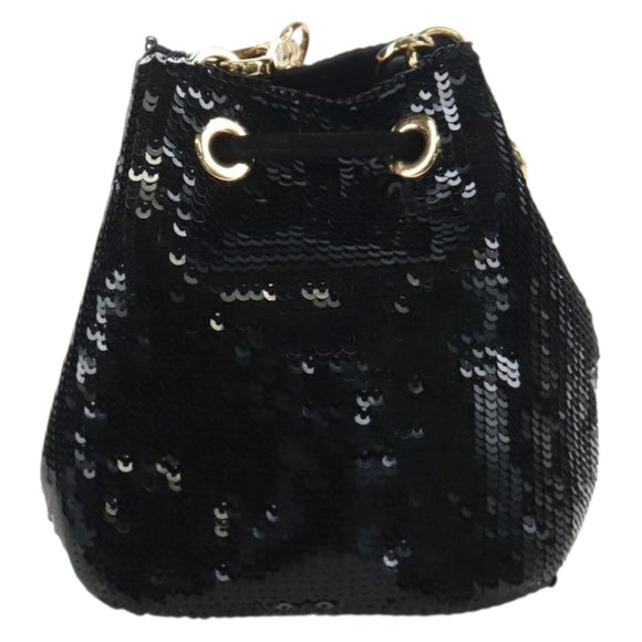 PRADA Chain Shoulder Pouch Sequin Black Gold Auth 210171M